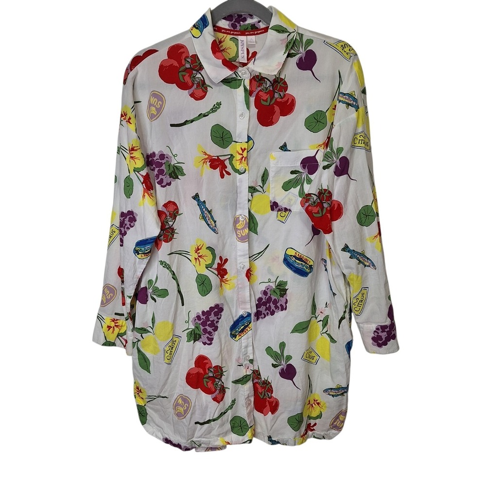 JoySpun Womens Size M 8-10 Novelty Print Pajama Shirt Pockets Fruit Flowers Fish
